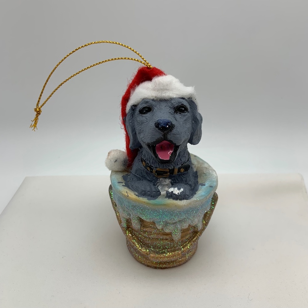 Vintage Christmas Dog Sparkling Bucket Santa Hat Family Dog Christmas Ornament